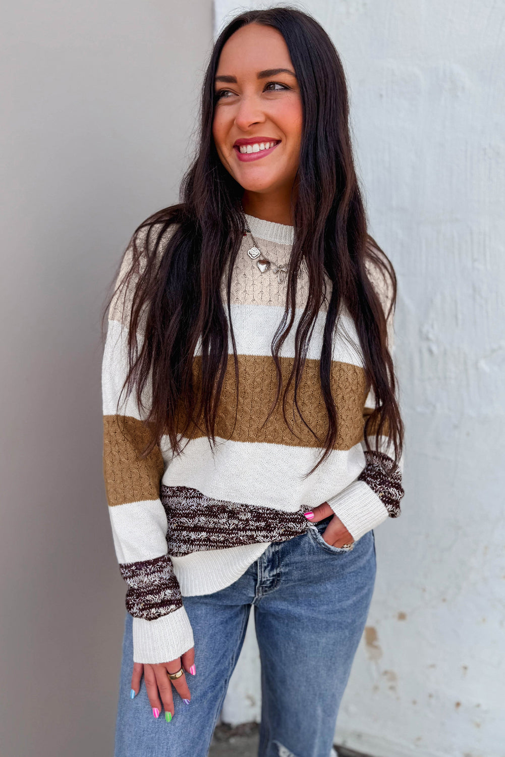 Green Mixed Texture Knit Striped Color Block Loose Sweater