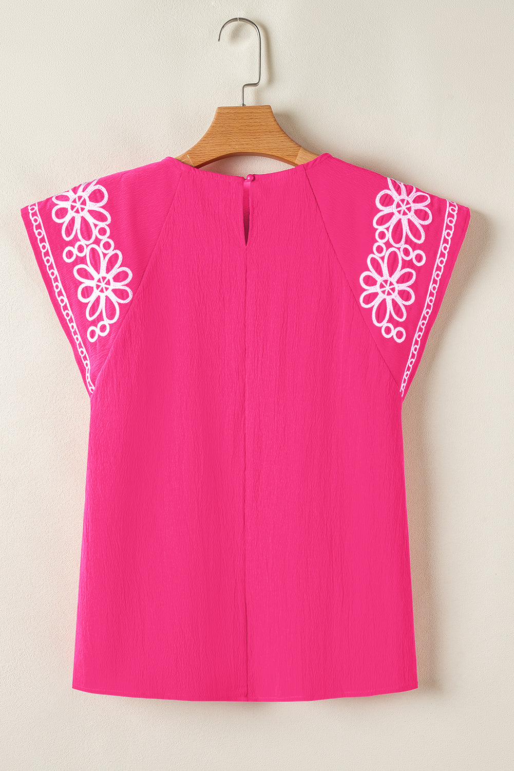Strawberry Pink Floral Embroidered Flutter Sleeve Pleated O Neck Plus Size Blouse