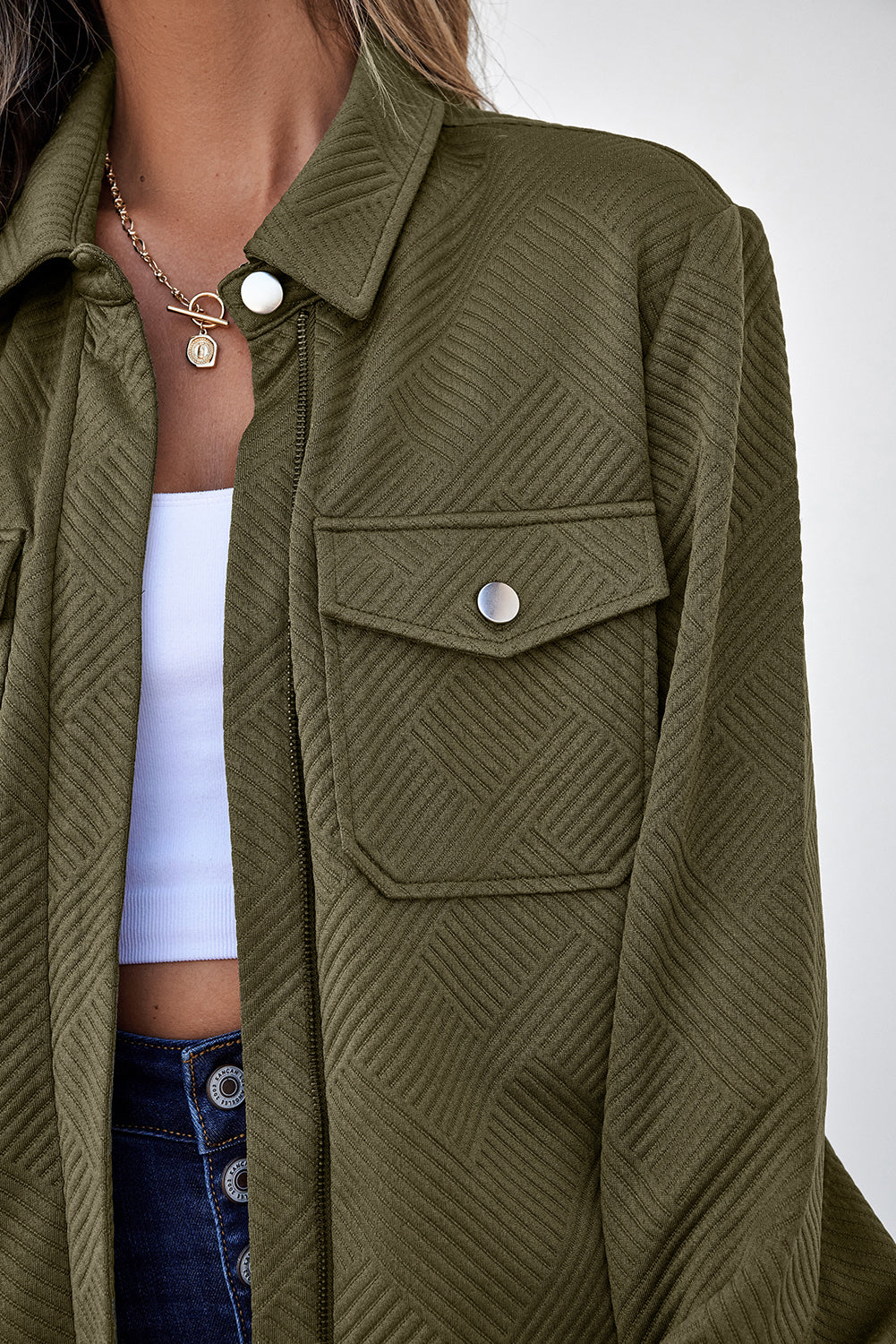 Coffee Solid Color Zip Up Button Flap Pocket Shirt Collar Jackets
