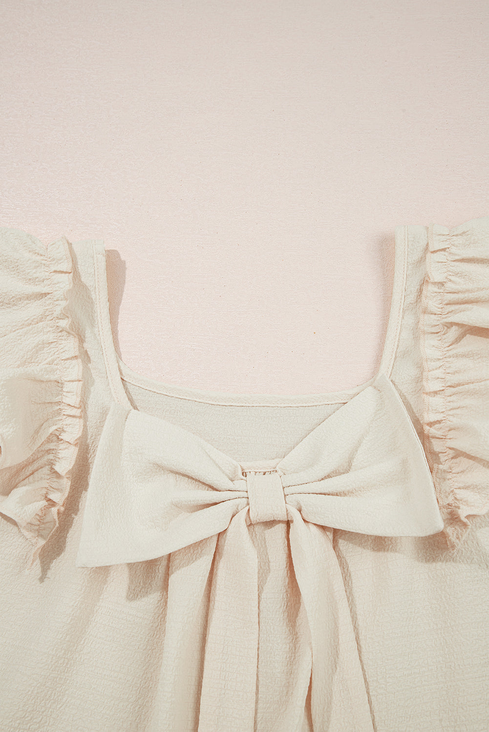 Beau Blue Textured Bow Knot Frilled Butterfly Sleeve Blouse