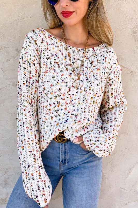 White Confetti Rib Knit Long Sleeve Cardigan
