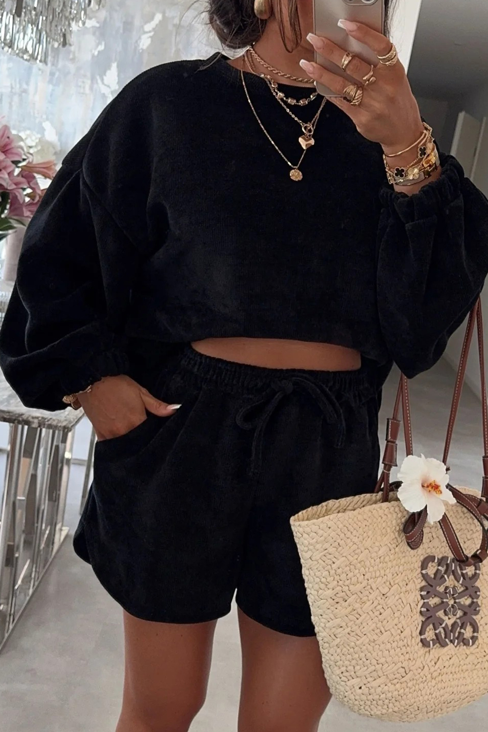 Jet Stream Solid Color Textured Knit Drop Shoulder Pullover Drawstring Shorts Set