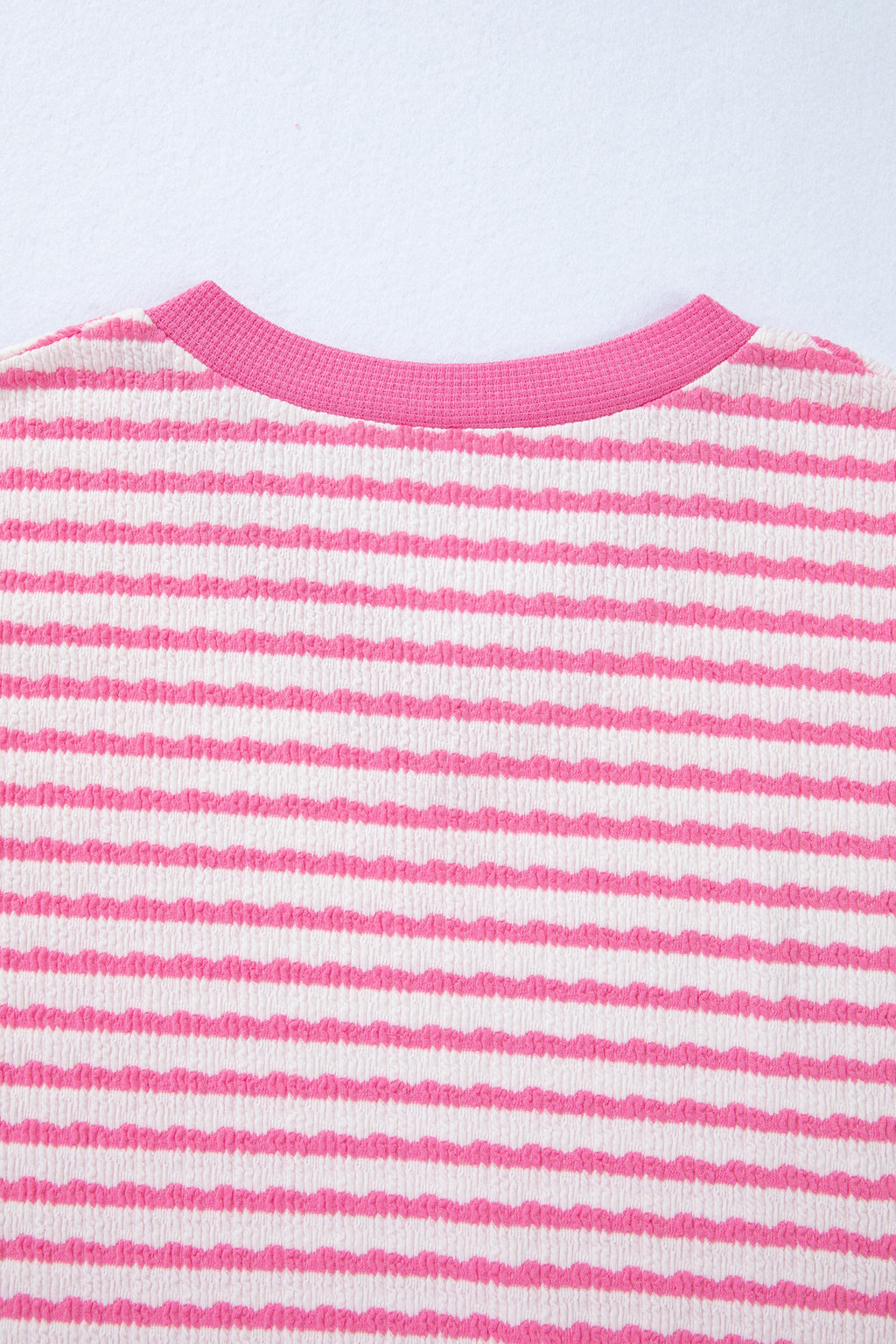 Pink Stripe Textured Knit Contrast Trim V Neck Short Sleeve Top