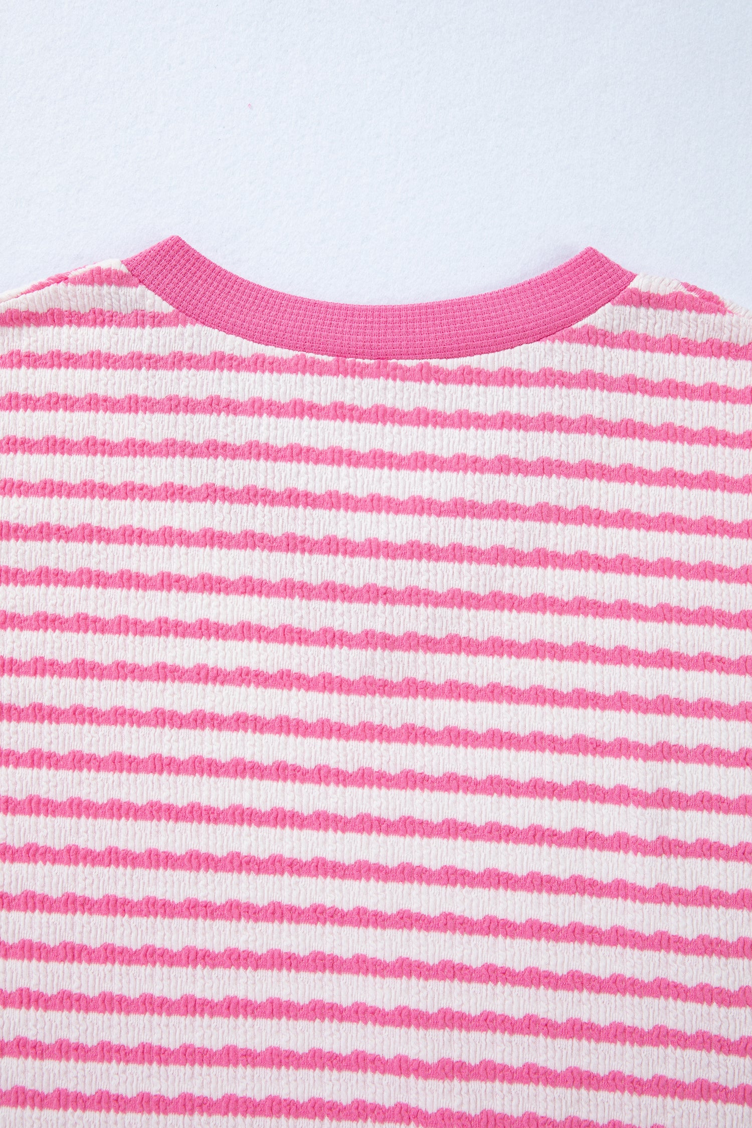 Pink Stripe Textured Knit Contrast Trim V Neck Short Sleeve Top