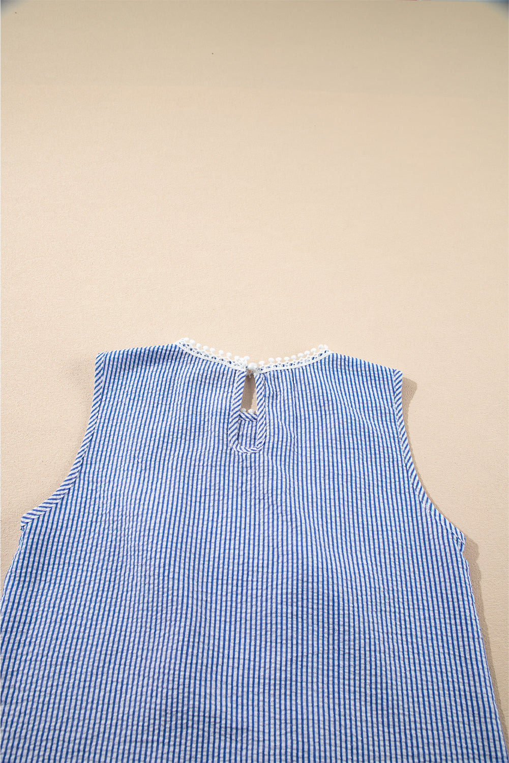 Sky Blue Stripe Floral Lace Splicing Puff Sleeve Blouse