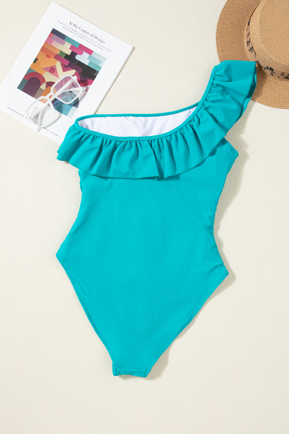Skobeloff Solid Color Ruffle Trim Asymmetric Neck One Piece Swimsuit