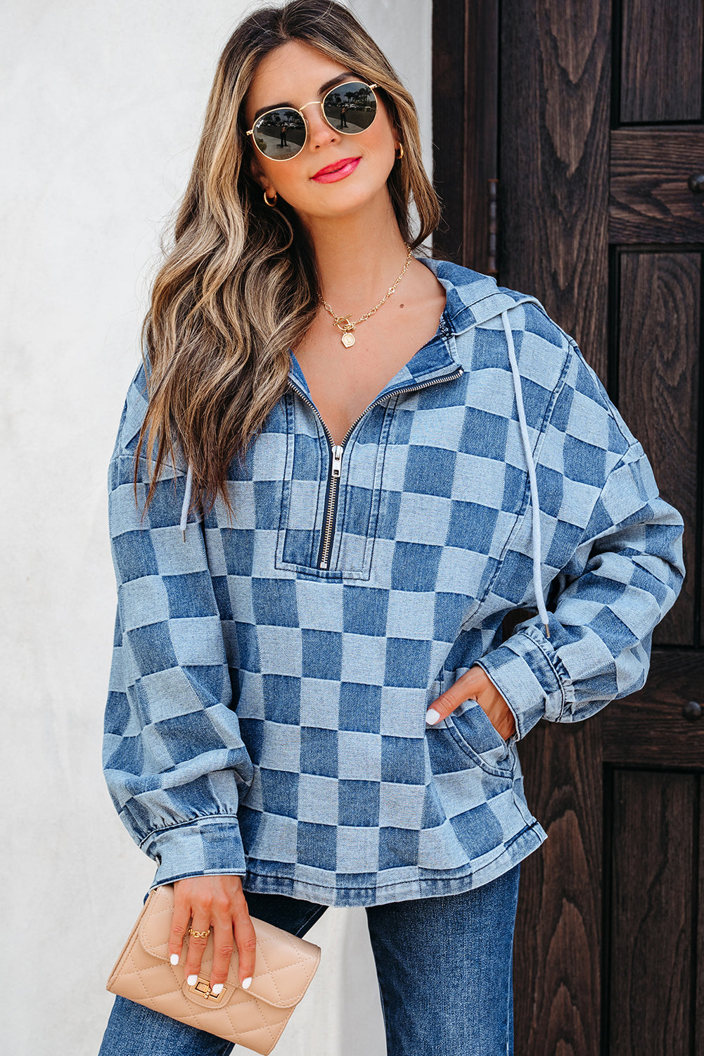 Dark Grey Checkered Denim Wide Leg Jeans