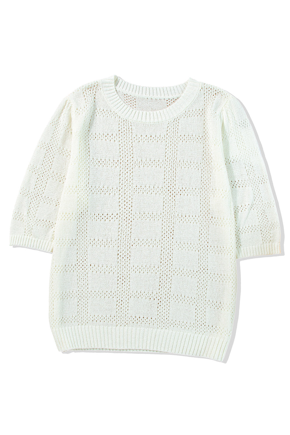 White Plaid Pattern Crochet Knit Short Sleeve Sweater