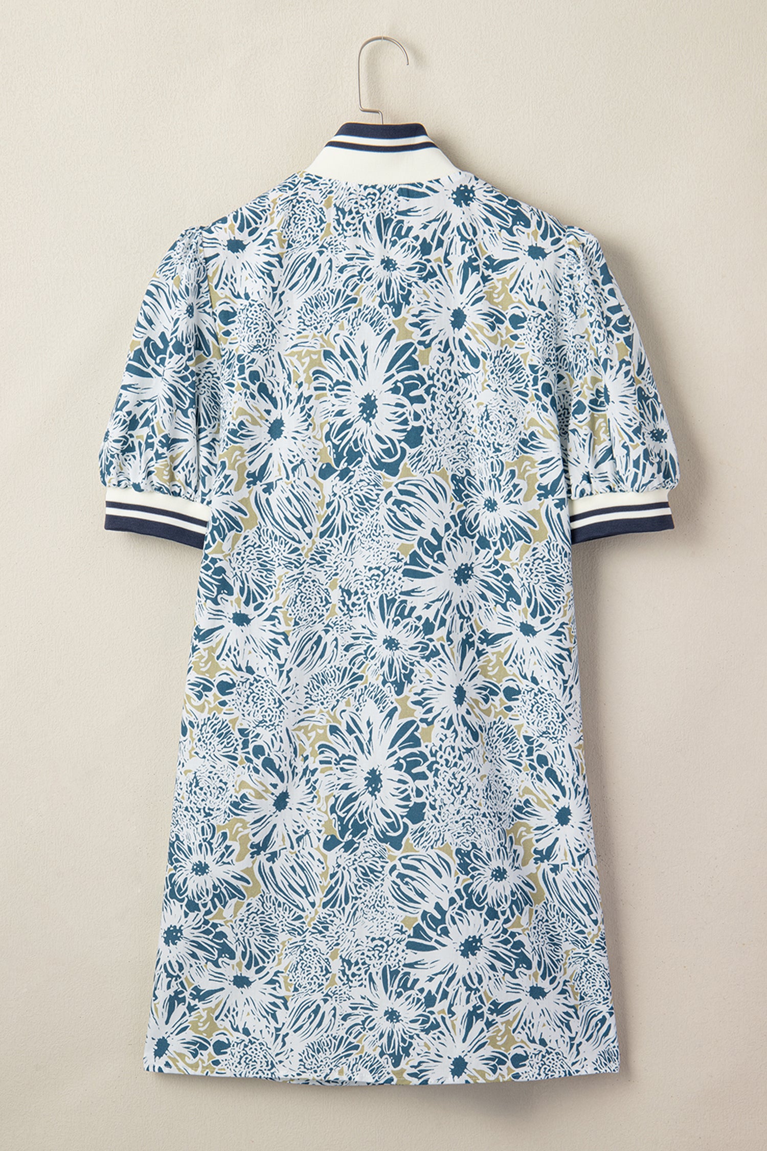 Blue Floral Print Striped Webbing Patchwork Collar Short Sleeve Mini Dress