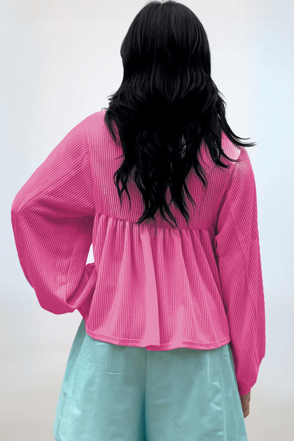 Turquoise Cordrd Balloon Sleeve Collar Plus Babydoll Top