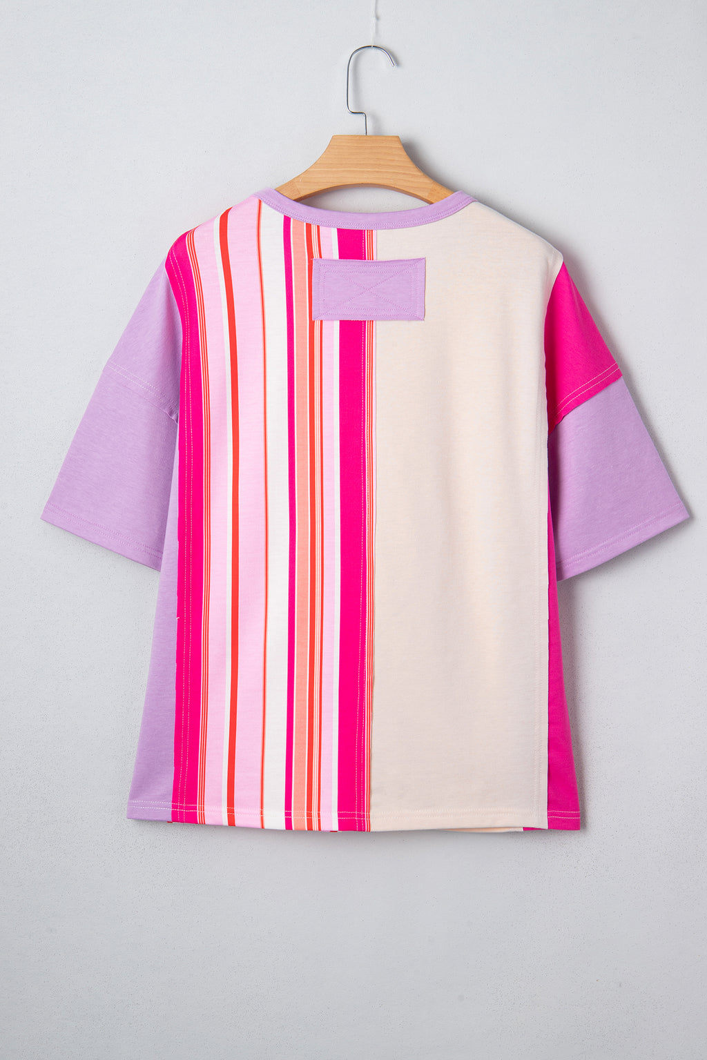 Pink Striped Color Block Flower Patched Half Sleeve Loose Top