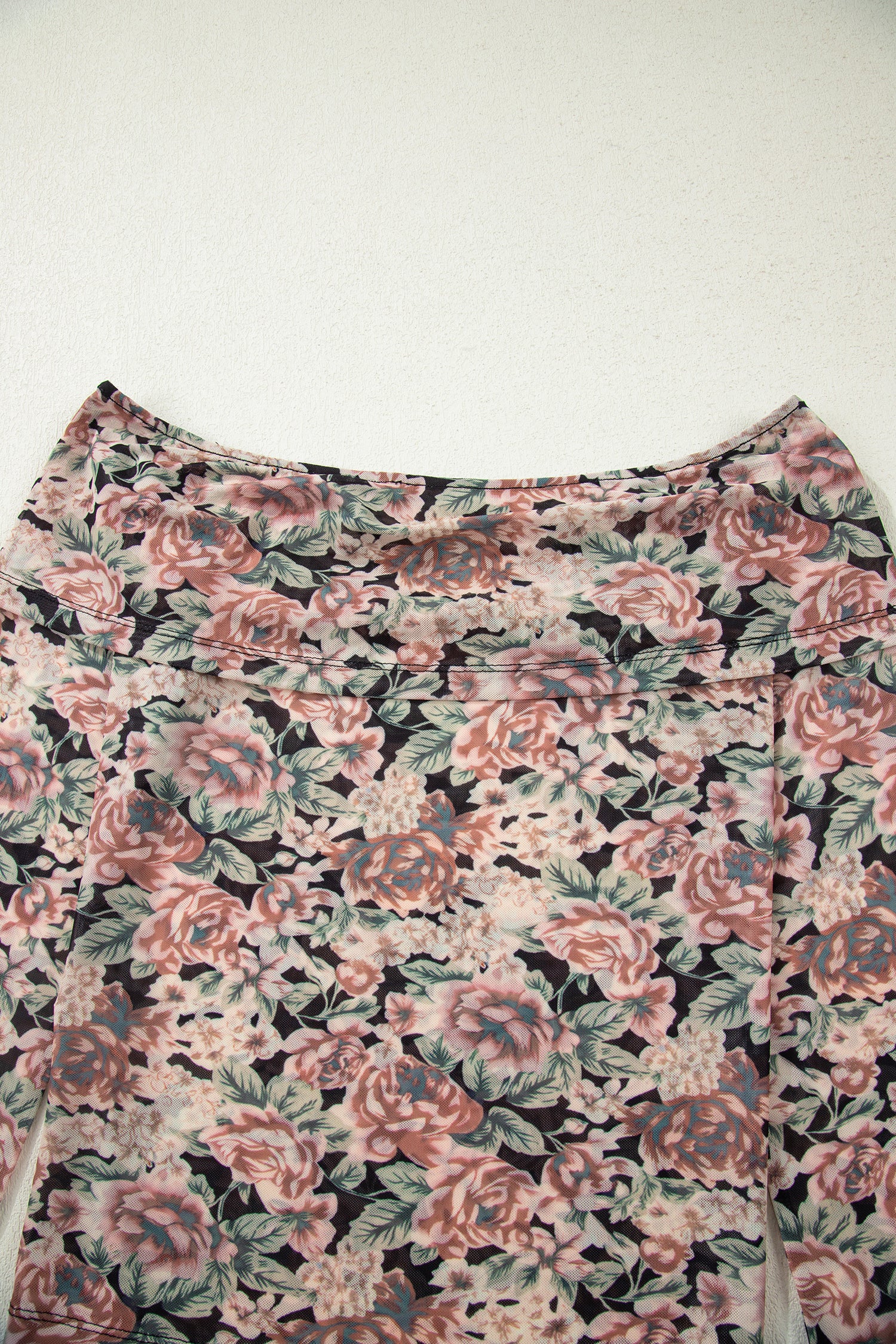 White Retro Floral Print Mock Neck Mesh Long Sleeve Top