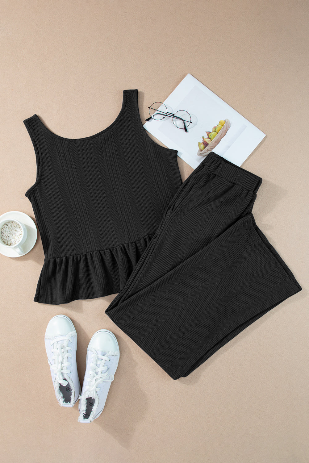 Beau Blue Solid Color Ribbed Ruffle Tank Top and Pants Set