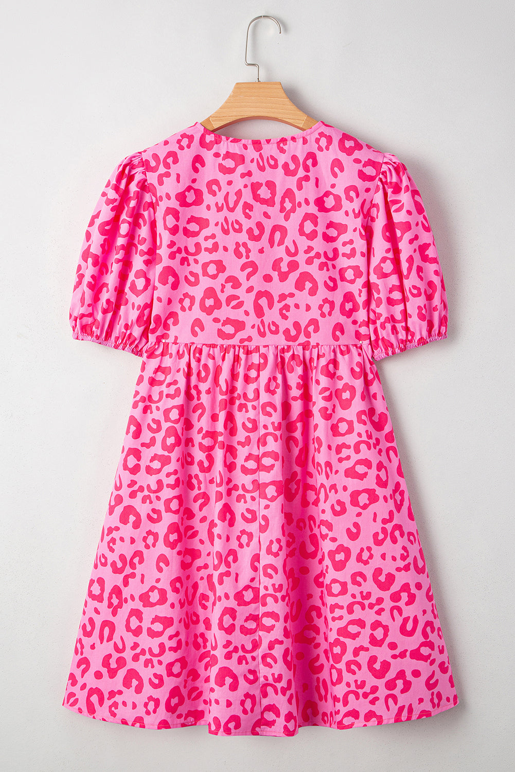 Bright Pink Solid Color Puff Sleeve Tie Front High Waist Mini Dress