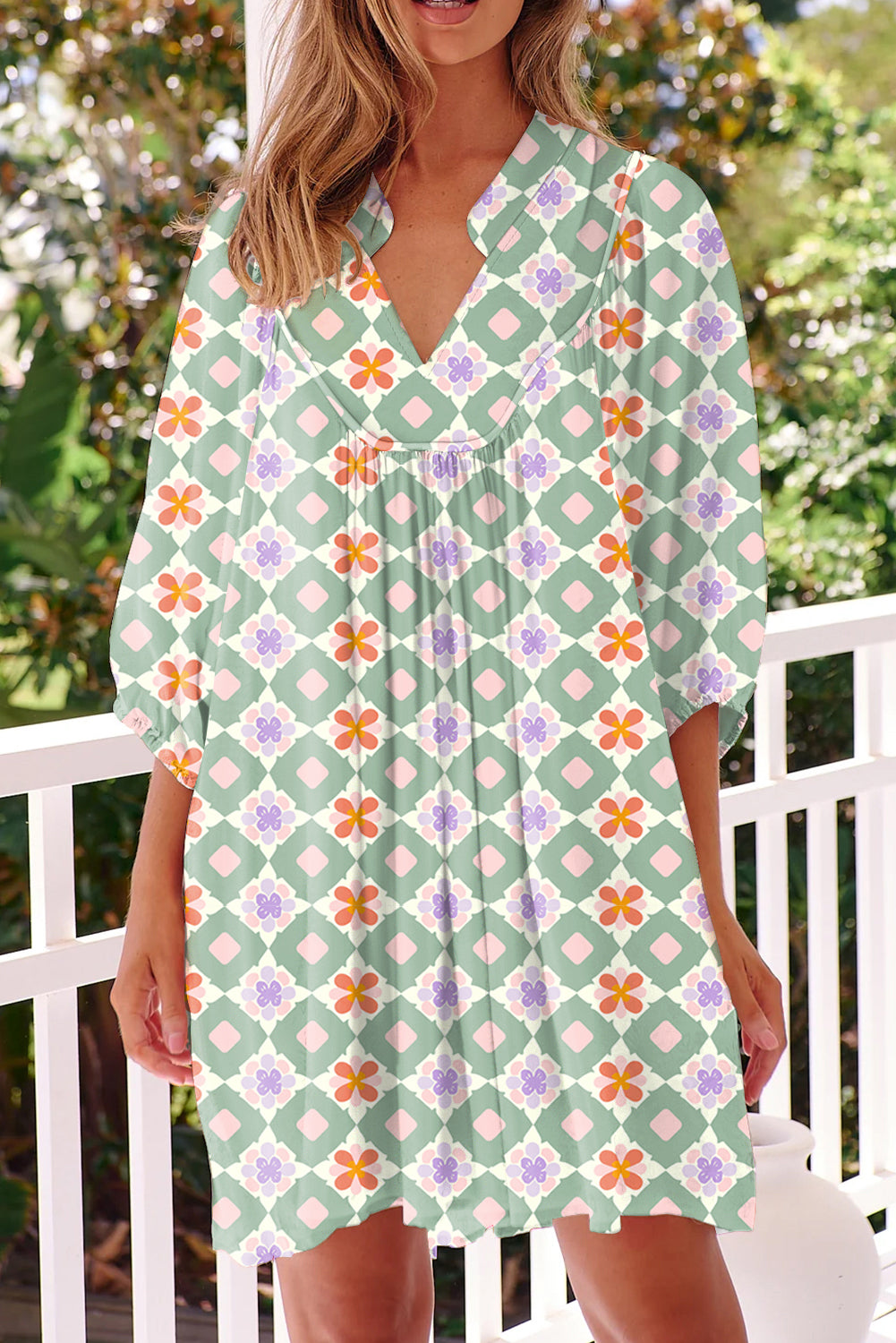 Green Geometric Floral Print Layered Flutter Sleeve V Neck Ric Rac Trim Blouse