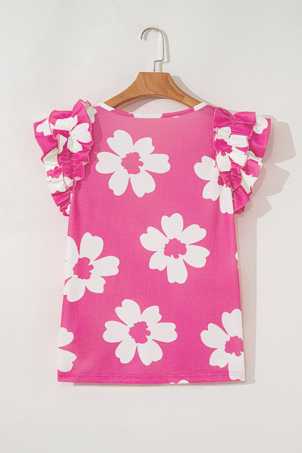 Brown Floral Textured Ruffled Short Sleeve Square Neck Blouse