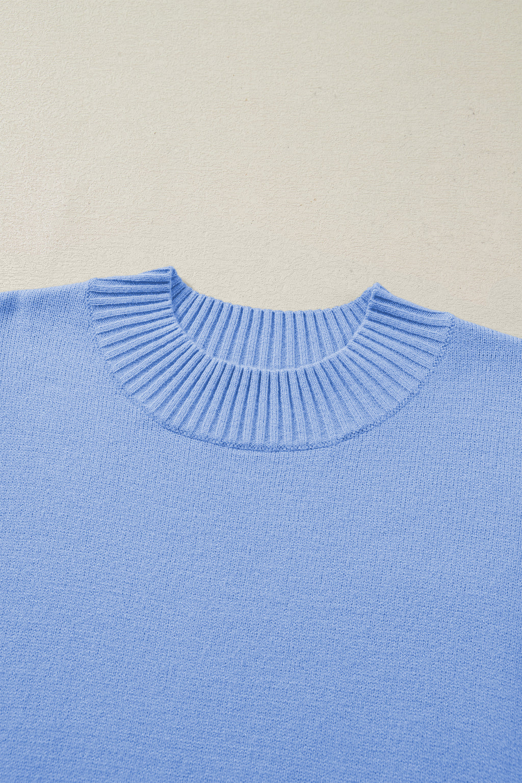 Beau Blue Solid Color Ribbed Trim Round Neck Ruffle Short Sleeve Sweater