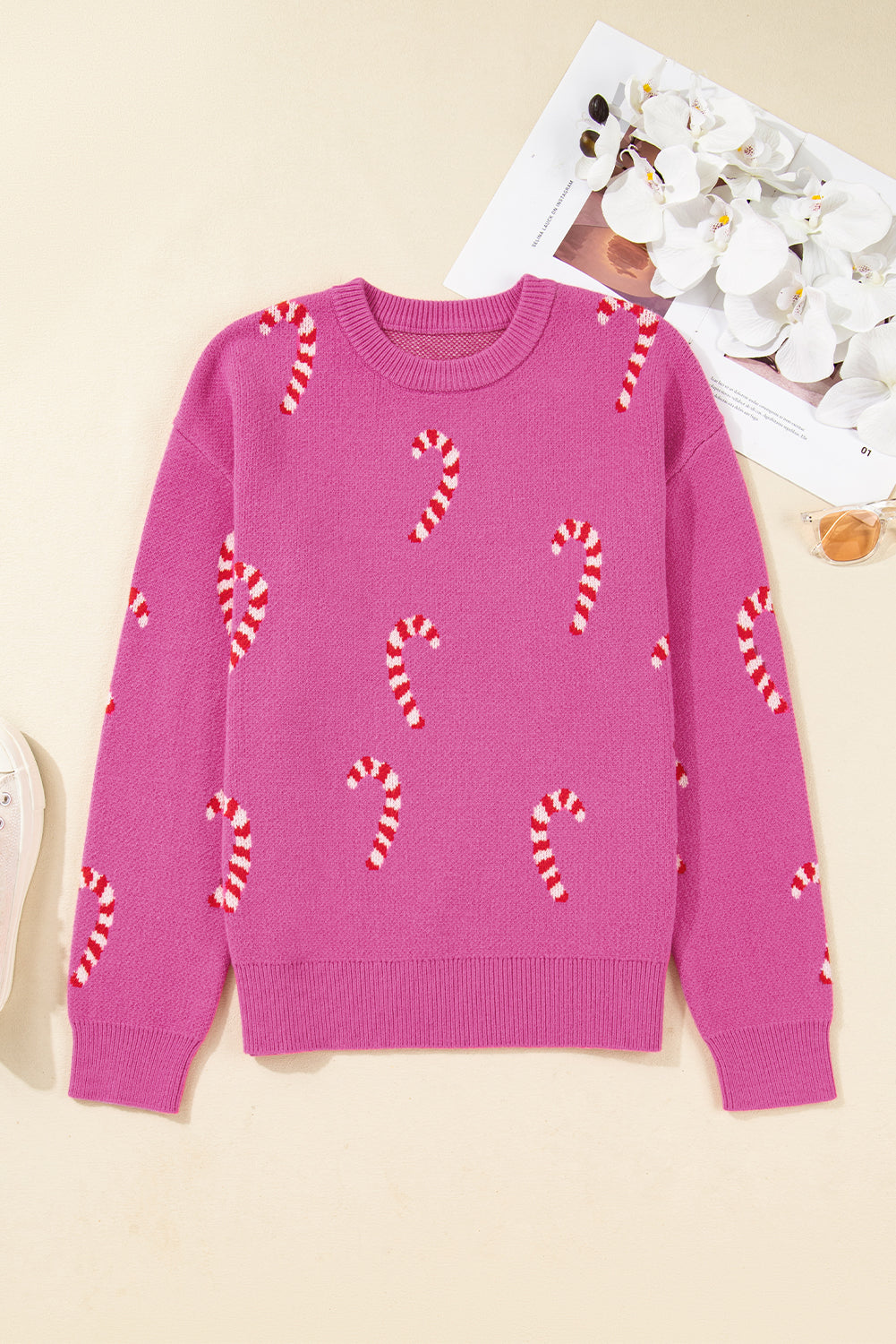 Dark Green Christmas Candy Cane Holiday Drop Shoulder Sweater