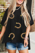 Black Western Shiny Horseshoes Pattern High Low Hem Casual T Shirt