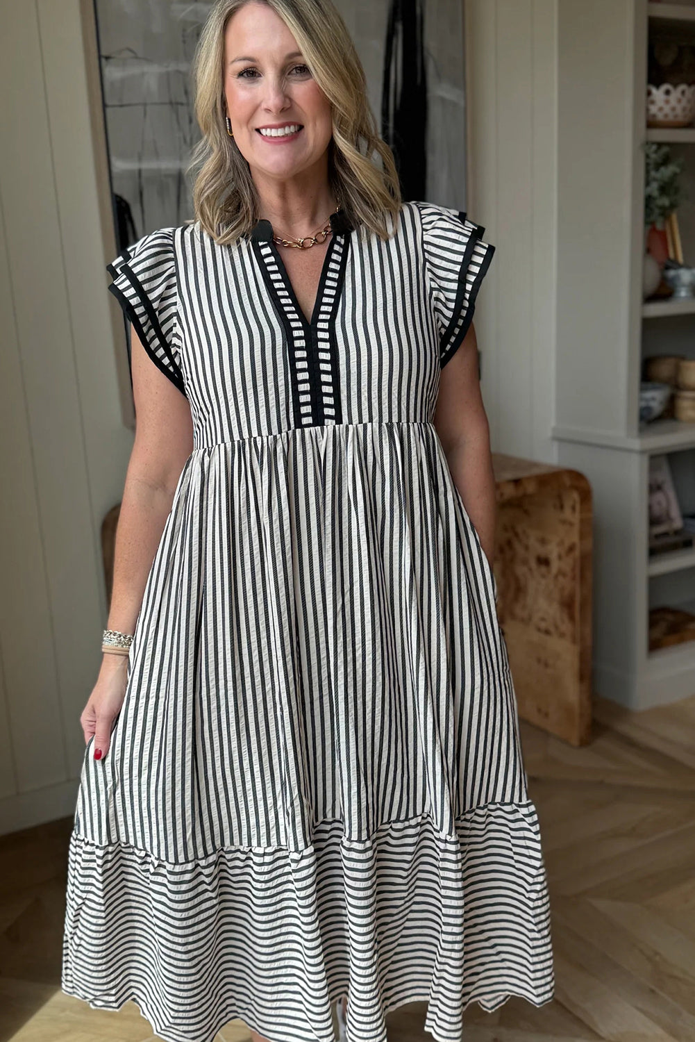 Brown Stripe Double Ruffled Short Sleeve Contrast Trim V Neck Midi Dress