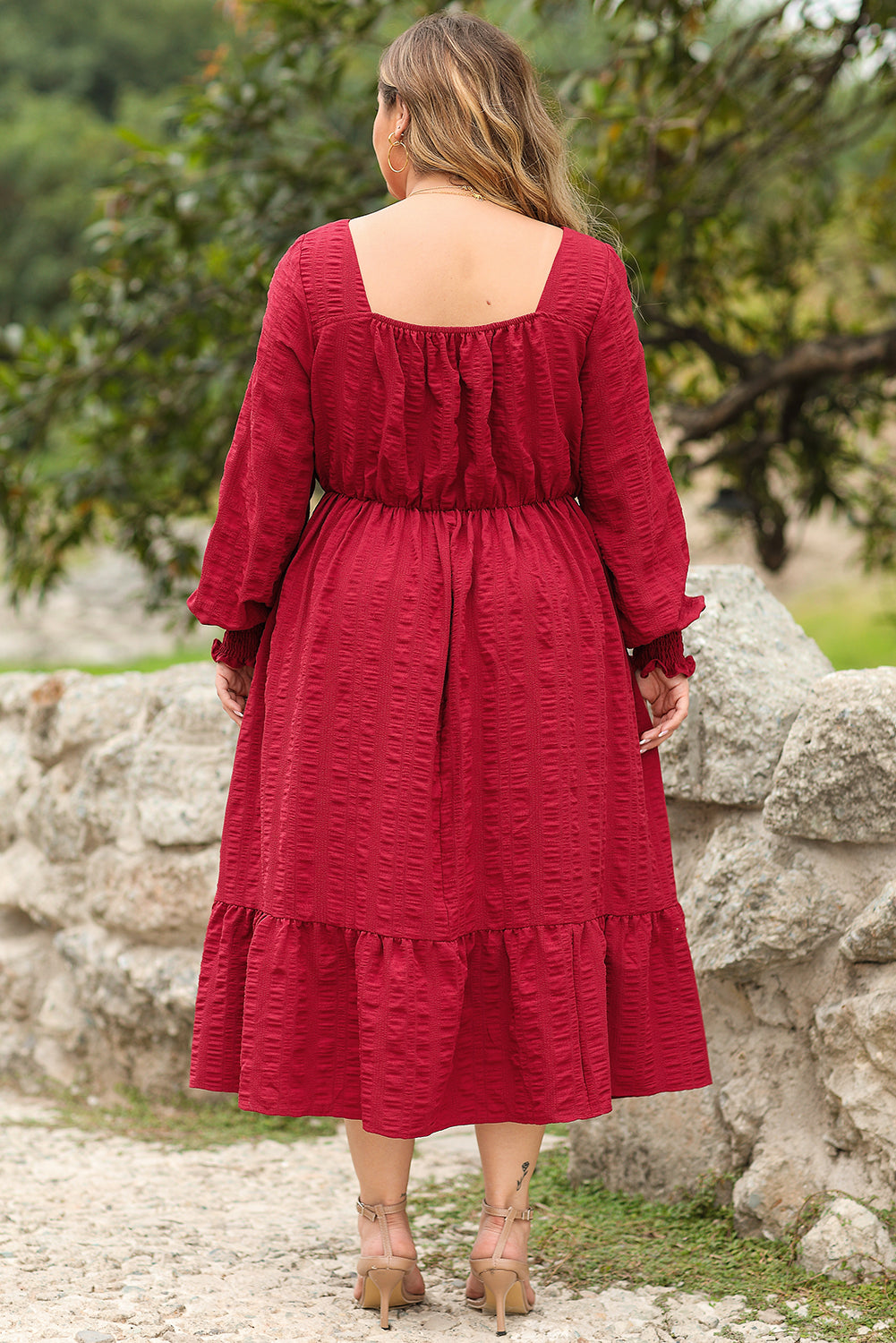 Black Lace-up Ruched Front Long Sleeve Ruffle Hem Plus Size Midi Dress