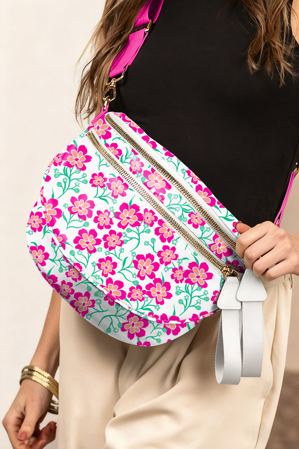 Black Floral Printed Double Zip Crossbody Bag