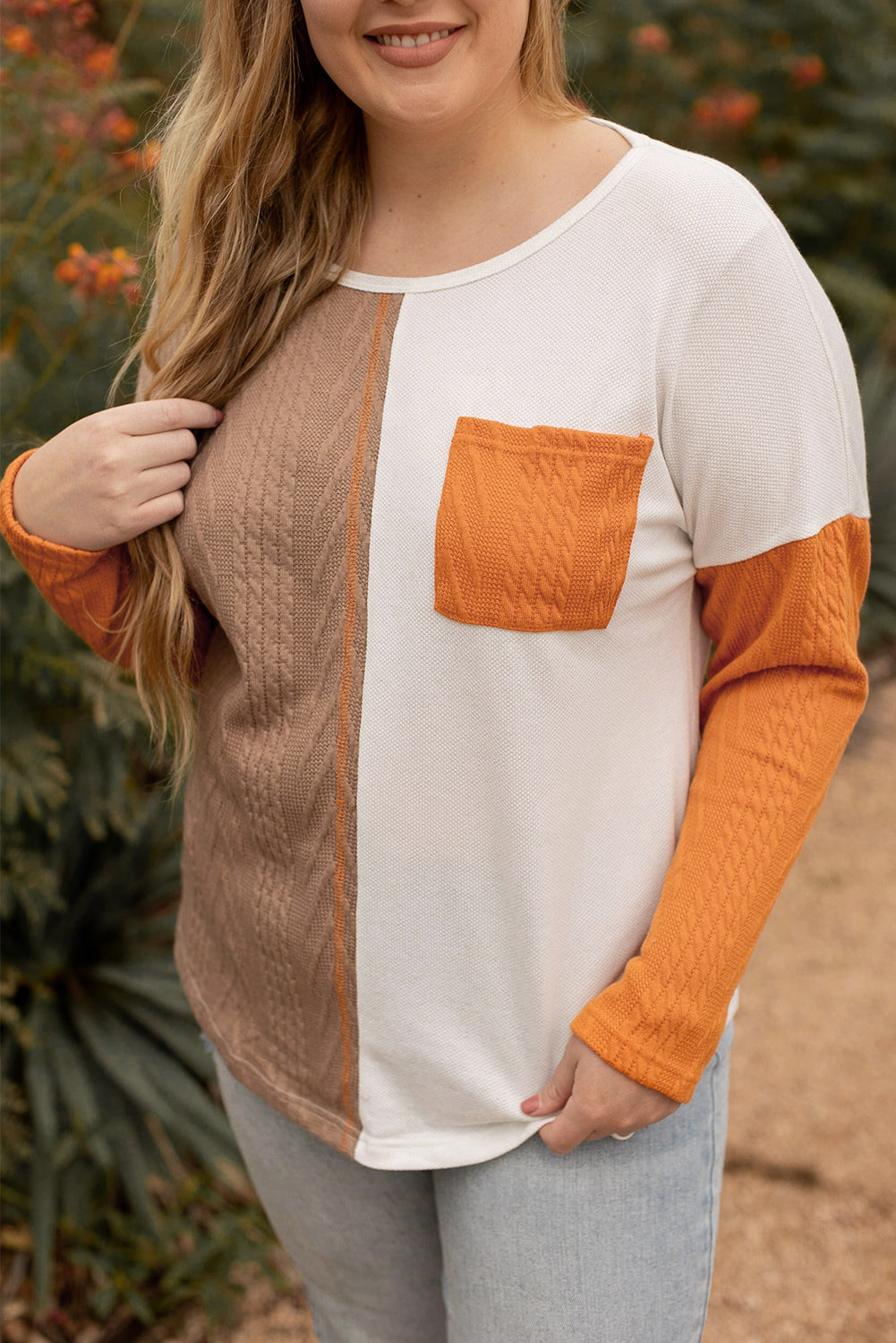Orange Long Sleeve Colorblock Chest Pocket Textured Knit Top