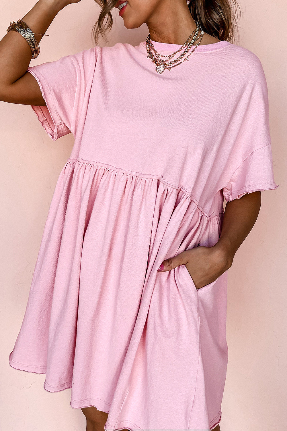 Sky Blue Solid Color Pocketed Raw Edge Babydoll Dress