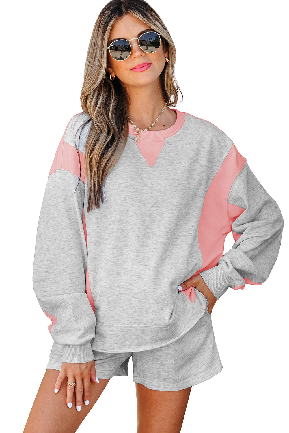 Light Grey Uneven Hem Colorblock Pullover Casual Shorts Plus Size 2pcs Outfit