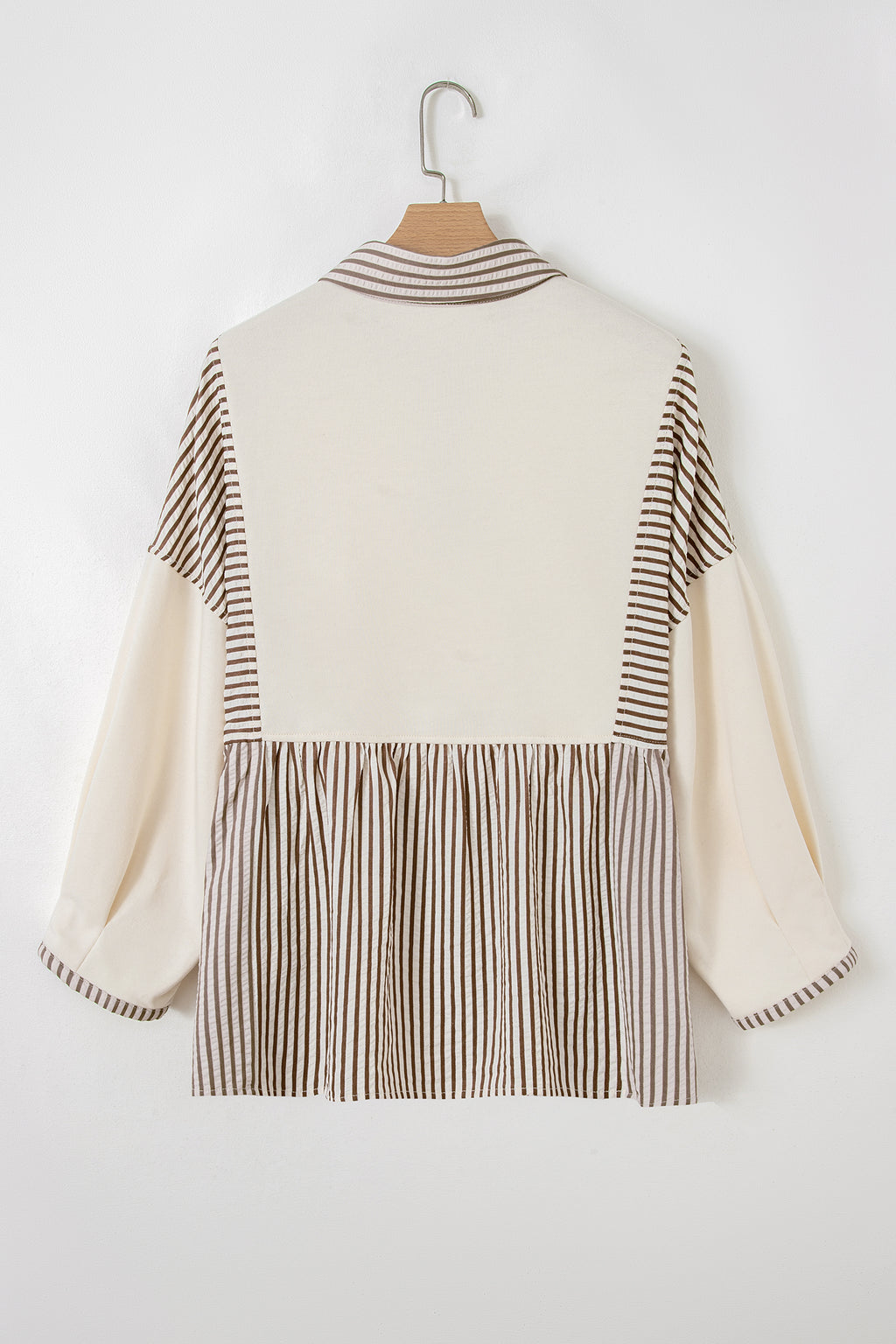 Gray Stripe Half Button Gauze Patchwork Bracelet Sleeve Babydoll Blouse