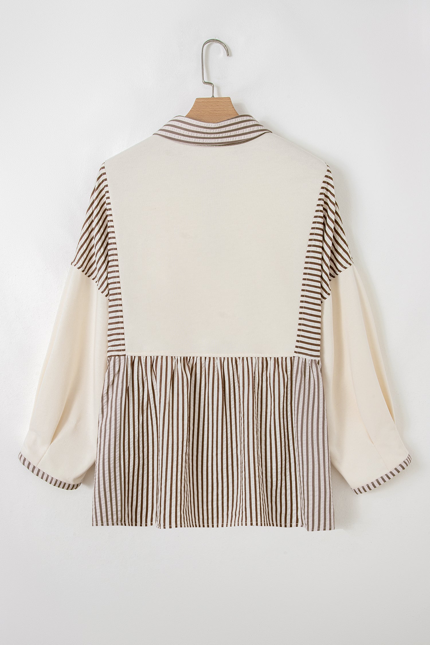 Gray Stripe Half Button Gauze Patchwork Bracelet Sleeve Babydoll Blouse
