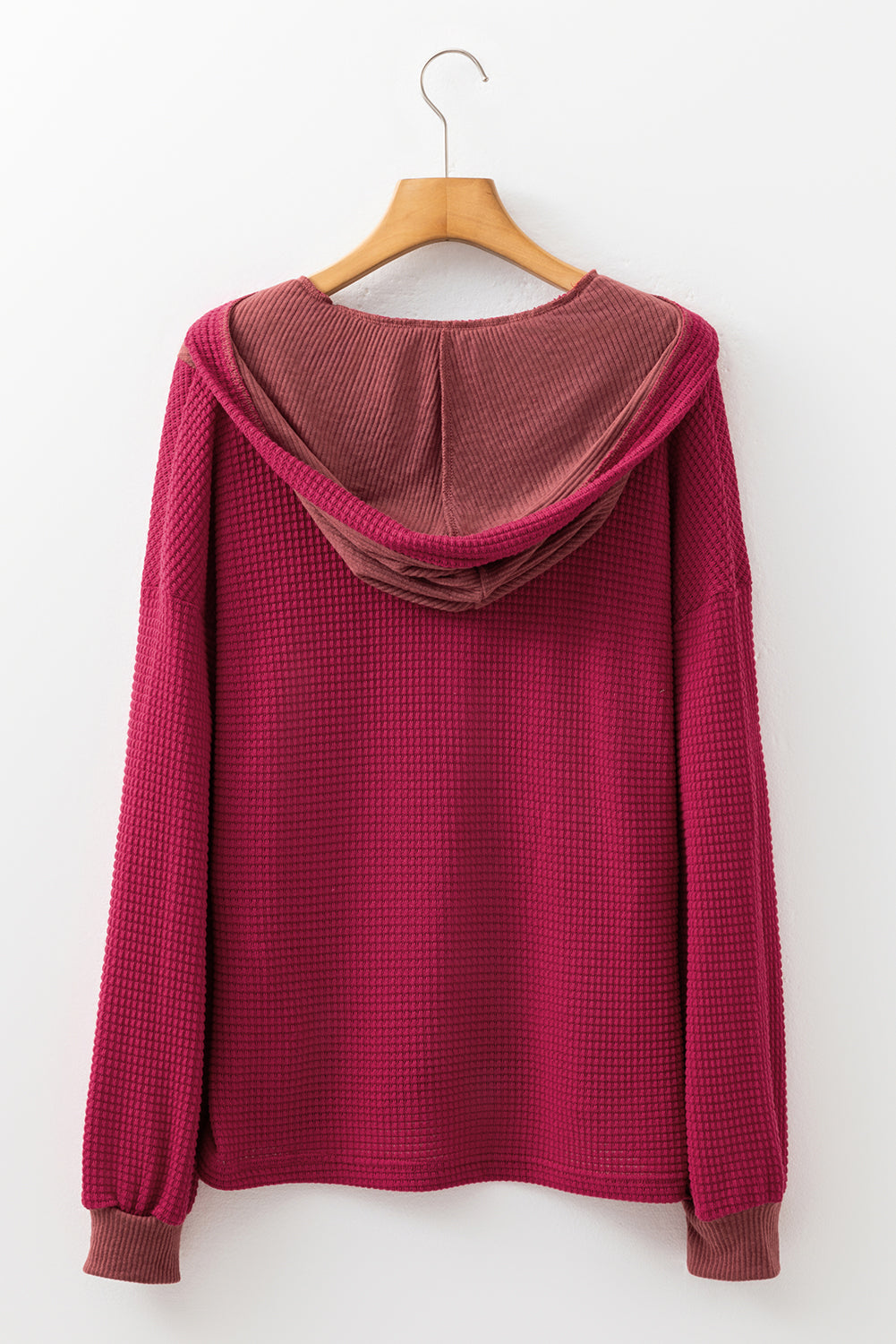 Oatmeal Waffle Patchwork Drop Shoulder Hooded Long Sleeve Top
