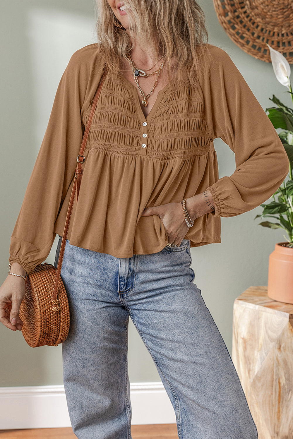 Black Smocked Bust Buttoned Split V Neck Flow Fit Blouse