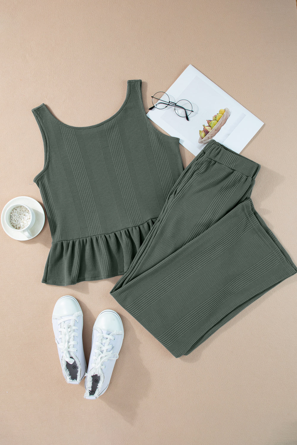 Beau Blue Solid Color Ribbed Ruffle Tank Top and Pants Set