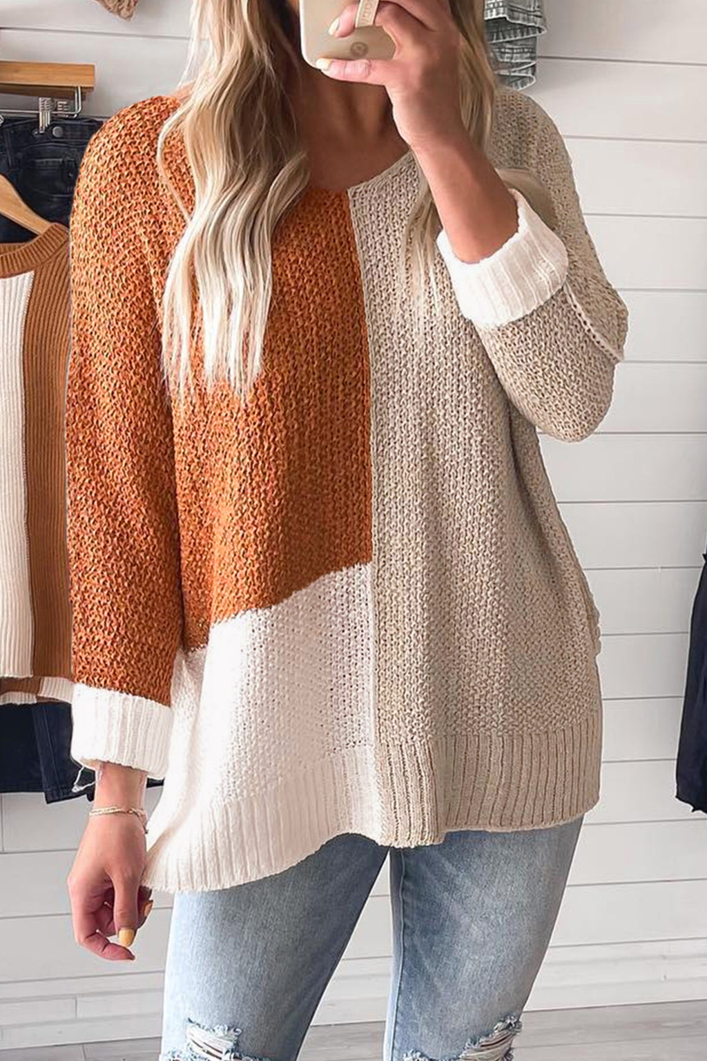 Black Color Block Knit V Neck Loose Sweater