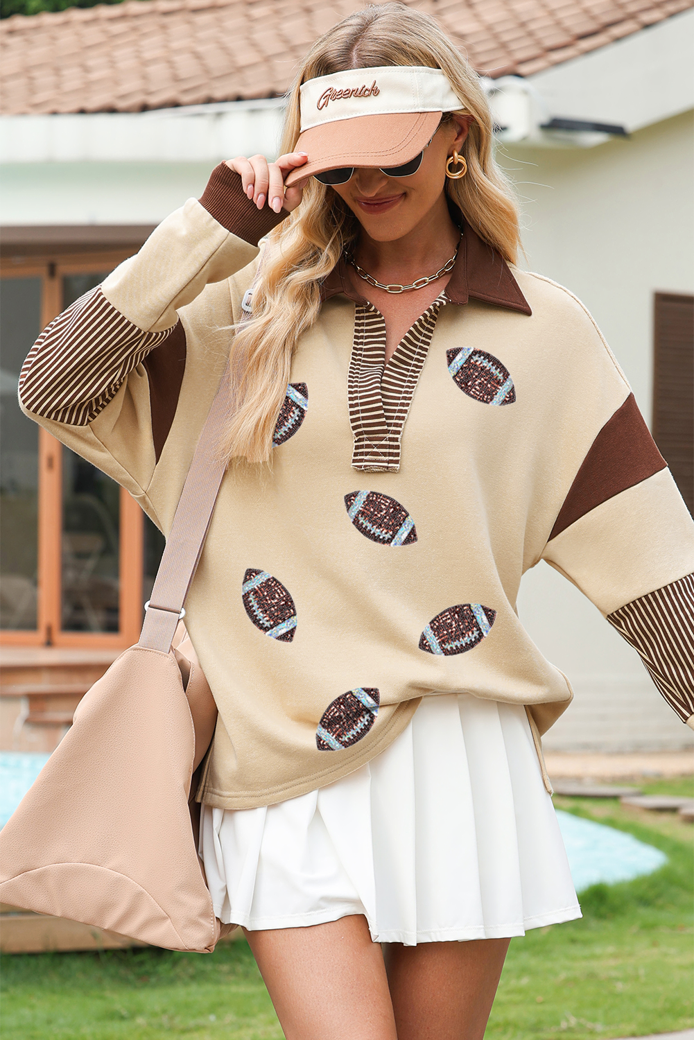 Light French Beige Color Block Striped Patchwork Sequin Rugby Graphic Polo Sweatshirt