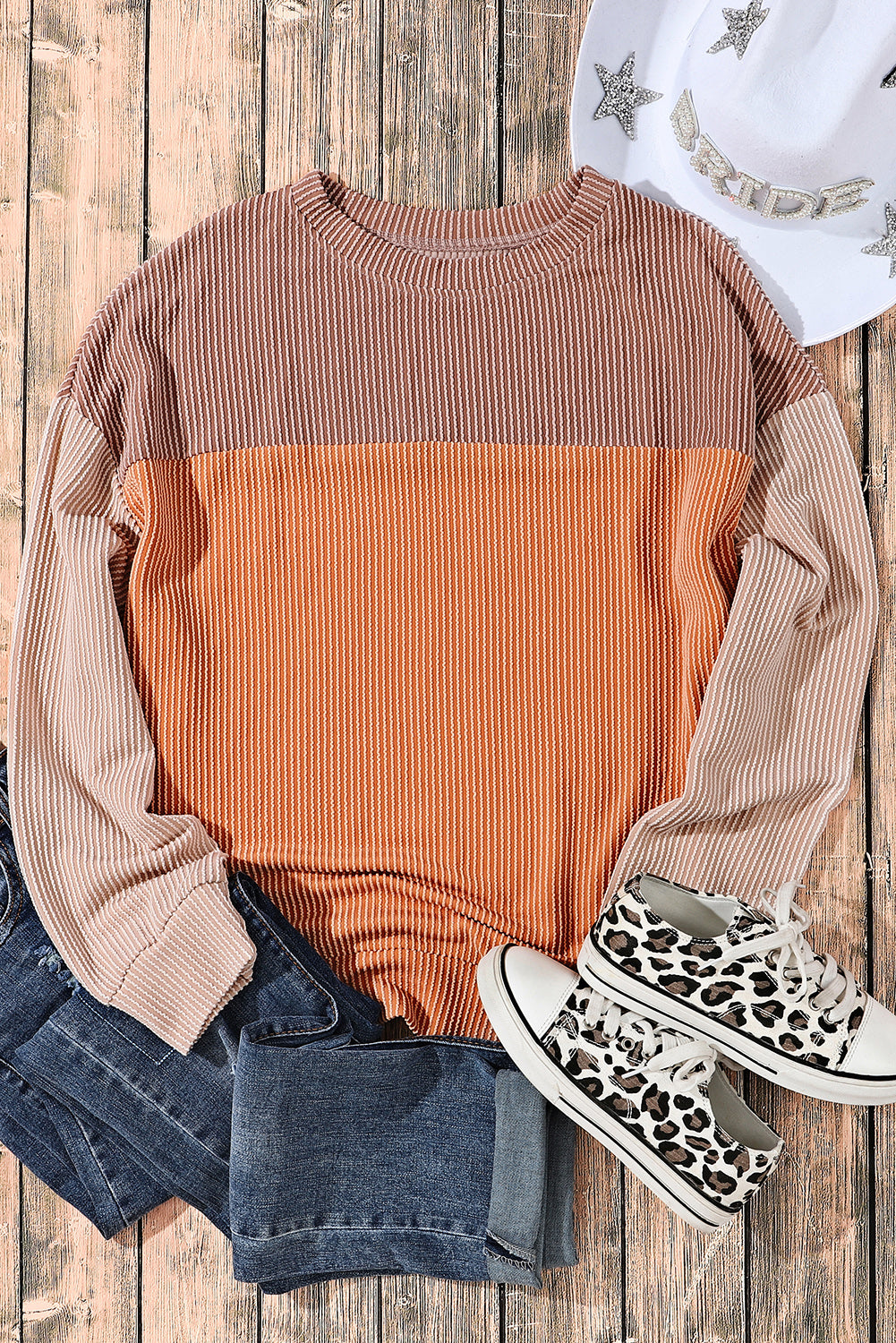 Pale Chestnut Color Block Corded Long Sleeve Top