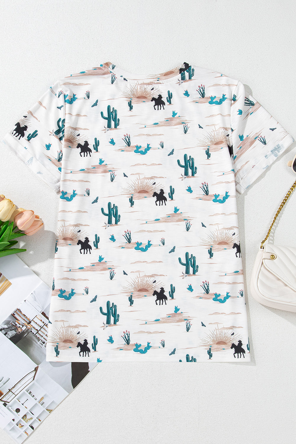 Beige Western Cactus Print Crew Neck Short Sleeve Top
