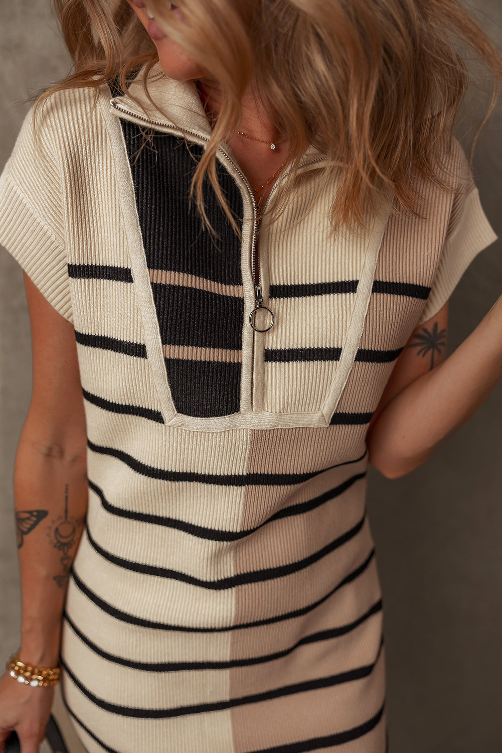 Sky Blue Stripe Colorblock Quarter Zip Collar Sweater Vest