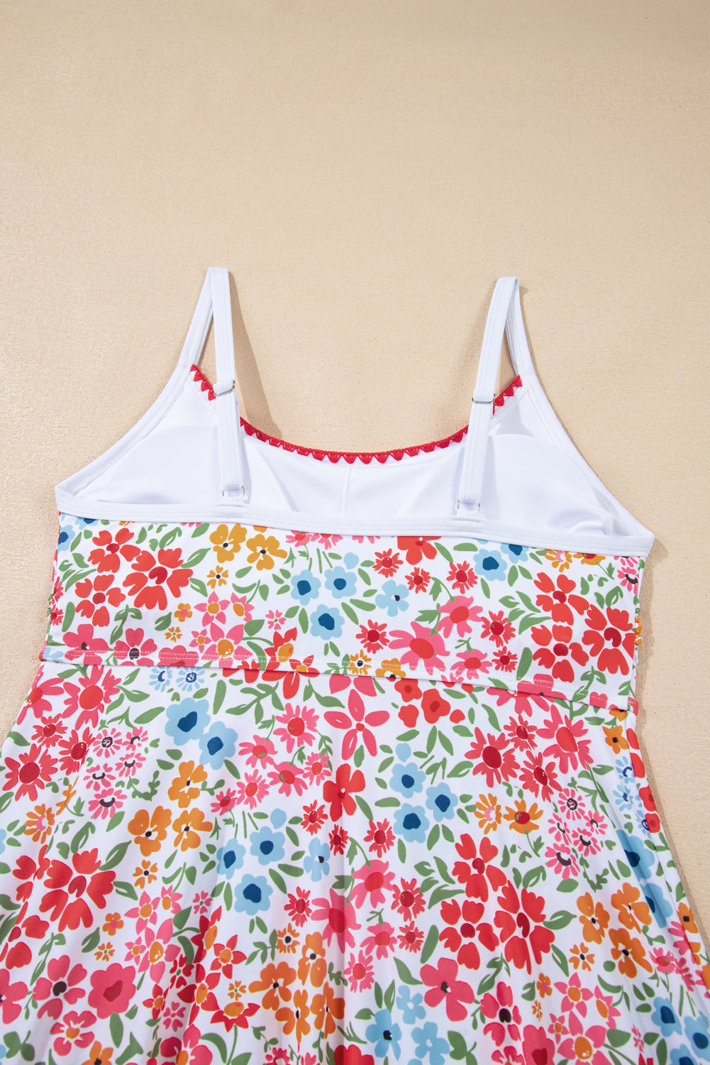 Red Floral Print Ricrac Trim Spaghetti Strap One Piece Swim Dress