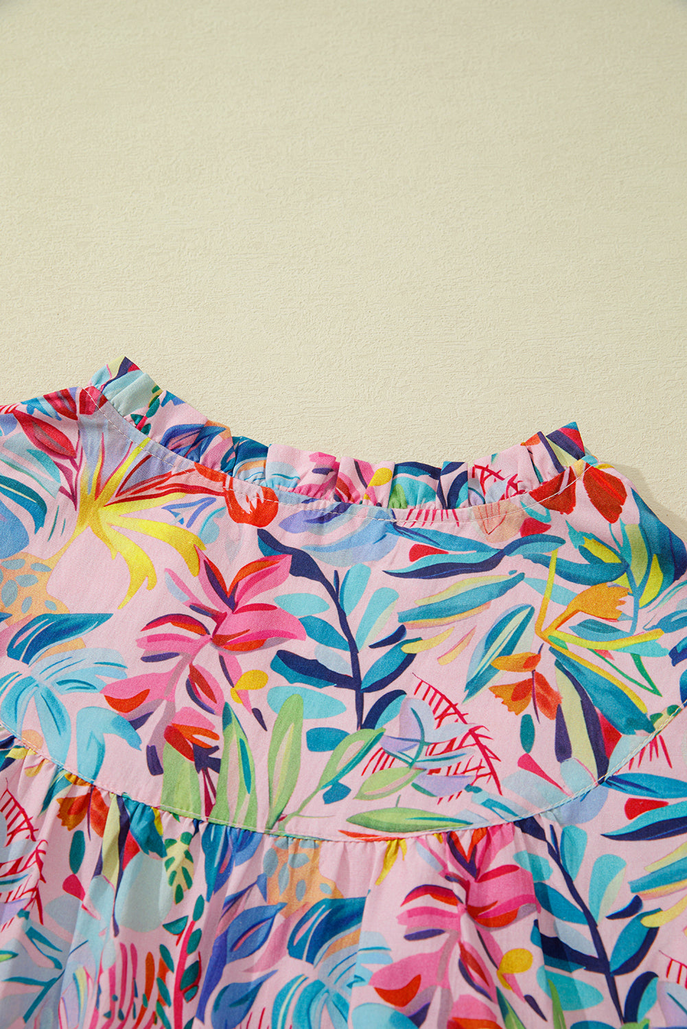 Pink Tropical Floral Print Frilly Notched Neck Ruffled Short Sleeve Blouse