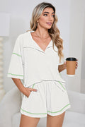 White Breathable Waffle Color Block Trim 2pcs Casual Short Set