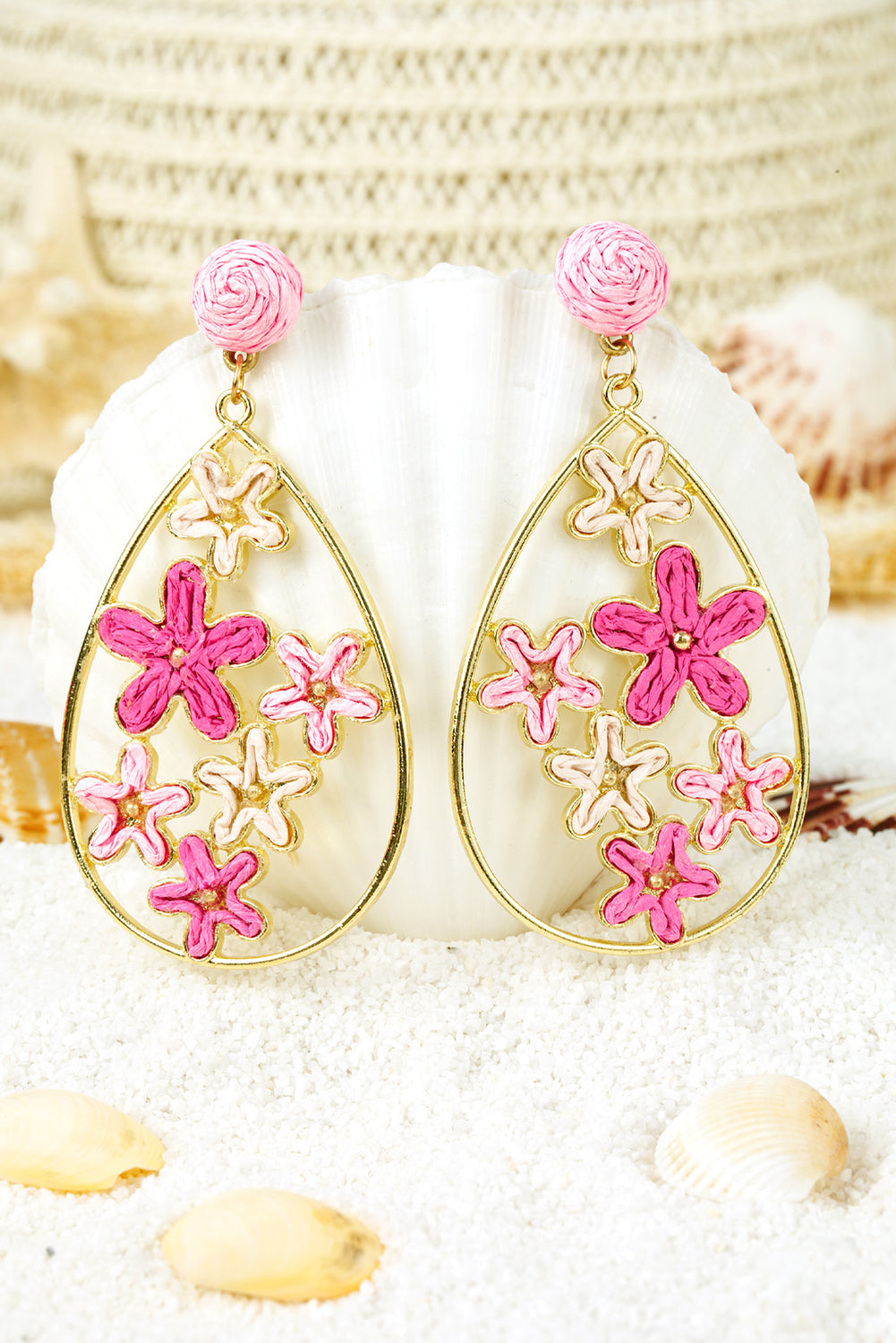 Rose Red Flower Plaited Gold Plated Waterdrop Earrings