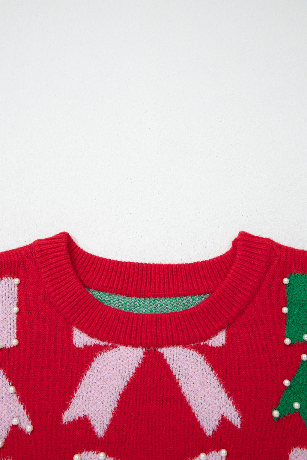 Fiery Red Bow Pearl Embellished Christmas Holiday Sweater
