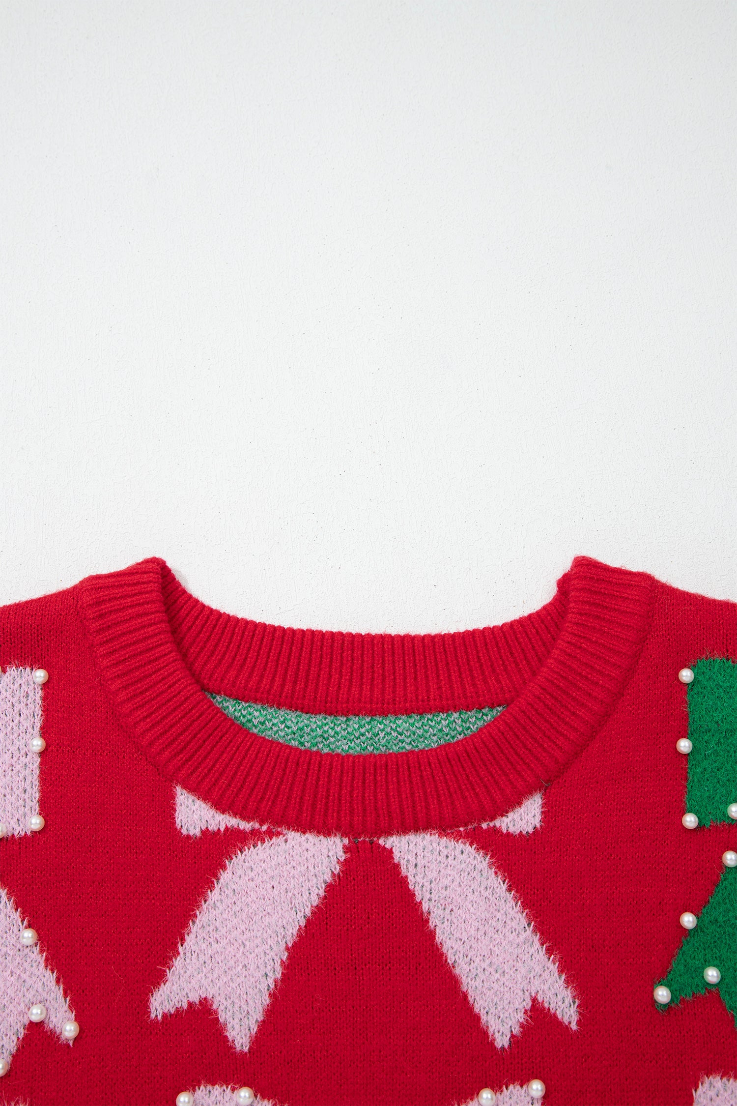 Fiery Red Bow Pearl Embellished Christmas Holiday Sweater