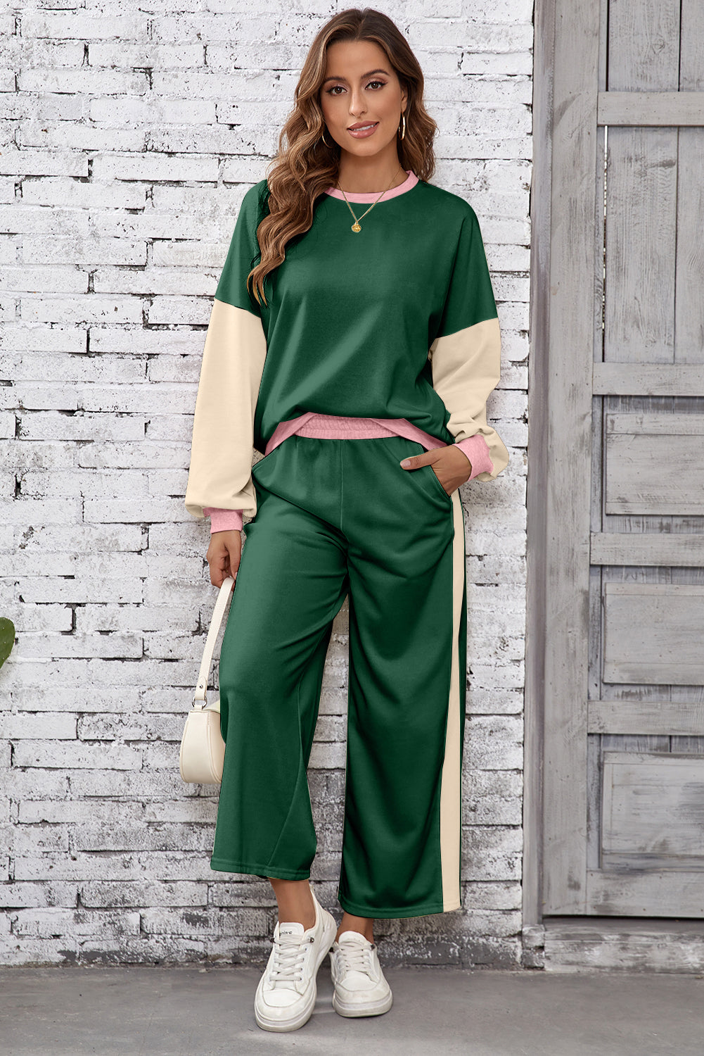 Apricot 2pcs Color Block Pullover Loose Pant Set