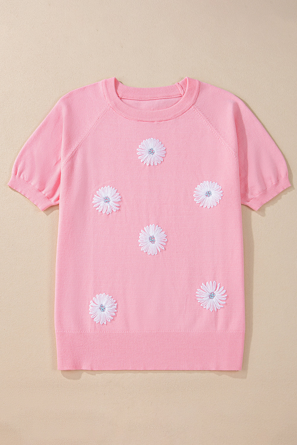 Beige Flower Pattern Short Sleeve Knitted Top