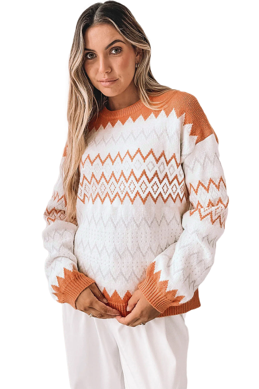 Khaki Zigzag Geometric Pattern Knitted Pullover Sweater