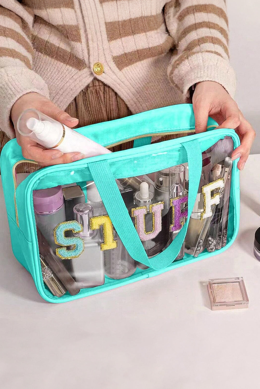 Light Pink TRAVEL Chenille Letter Clear PVC Makeup Bag
