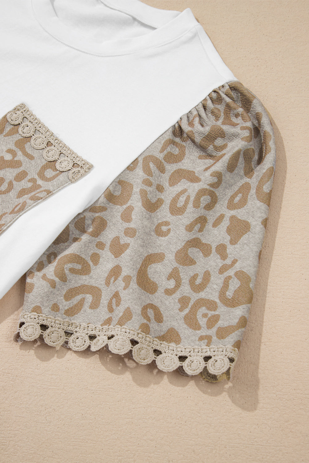 White Leopard Patchwork Crochet Lace Trim Puff Sleeve T Shirt